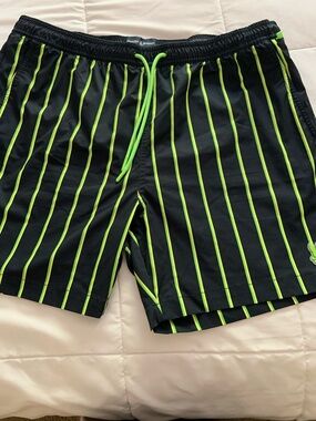Psycho Bunny Black Swim Trunks with Neon Green Pinstripes Men XL